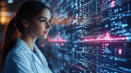 Poster - Young scientist analyzing data trends on a digital display in a modern laboratory setting