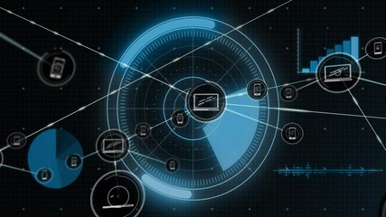 Poster - Animation of futuristic digital interface with interconnected icons in school setting