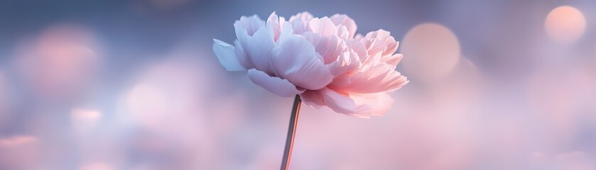 Poster - A single pale pink peony bloom stands gracefully against a softly blurred pastel background with delicate light trails enhancing its beauty, perfect for luxury skincare branding