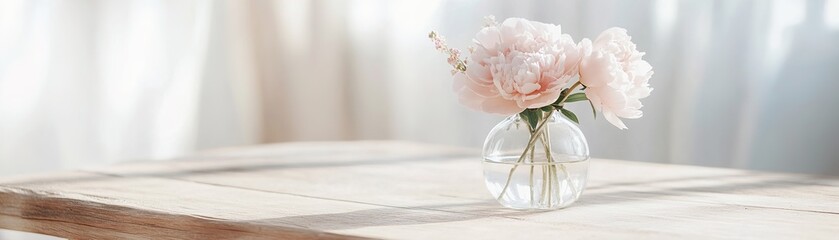 Poster - A small bouquet of fresh pastel peonies fills a clear glass vase on a rustic wooden table, illuminated by soft morning light. The blurred background adds a cozy touch, perfect for home decor