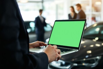 Poster - Closeup of a person holding a laptop with a green screen in an office setting.