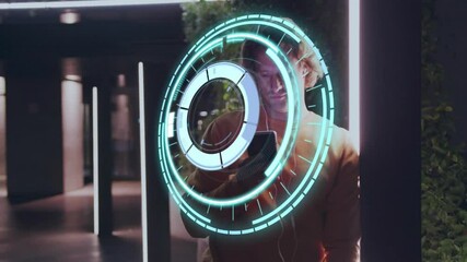 Poster - Interacting with animation, person in school using digital interface, smiling