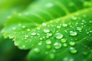 Poster - Close-up of green leaf with water droplets, vibrant focus.