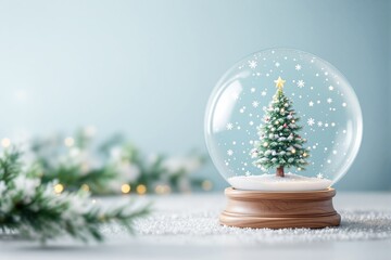 Poster - Christmas tree in snow globe on wooden base.