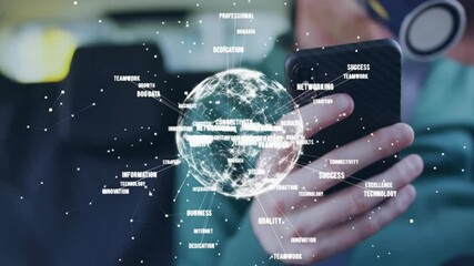 Poster - Using smartphone, person interacting with digital network and connectivity animation