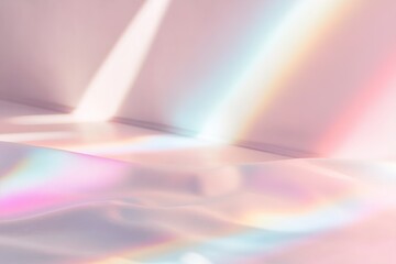 Poster - Rainbow light reflects on a soft, neutral surface, creating a dreamy and artistic atmosphere. The blurred background offers space for text or branding, inviting creativity