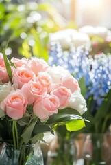 Poster - Beautiful pink roses and blue flowers in bright sunlight creating a vibrant and fresh floral arrangement in a cozy interior setting