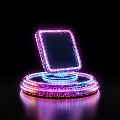 Poster - Abstract Glowing Tablet on Platform Purple Pink Neon Lights