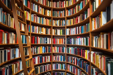 Poster - Curved Bookshelf with Ladder in Library.