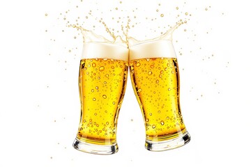 Aufkleber - Two glasses of beer clinking with splashes and bubbles on a white background.
