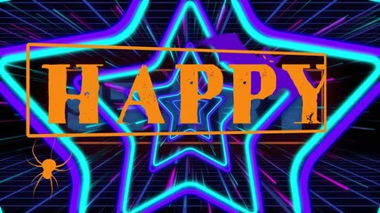 Poster - Animation with neon star pattern, HAPPY text, and spider graphic overlay