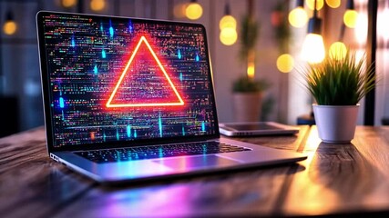 Poster - Neon triangle symbol on laptop screen with colorful digital background in vibrant workspace setting