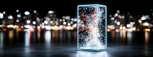 Poster - Luminous Glass Cube with Inner Particles Against City Night Lights