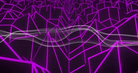 Poster - animation of dots flowing over geometric purple neon lines in motion