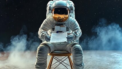 Poster - Astronaut sitting on chair in space holding documents with stars in background