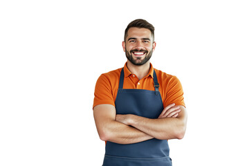 Poster - Confident male barista wearing an orange polo and navy apron, smiling with arms crossed on a white background. Concept of service and hospitality. Ai generative