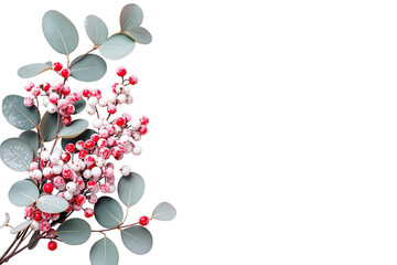 Aufkleber - Eucalyptus leaves with red and white berries on a white background. Holiday botanical arrangement, perfect for seasonal decoration. Ai generative