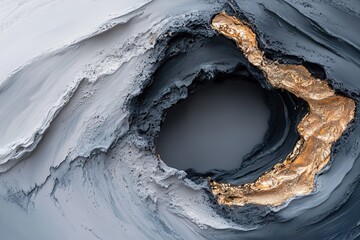 Poster - Rich swirling strokes of black, gray, and navy combine with metallic gold and silver highlights, creating depth in an abstract structural acrylic painting perfect for luxury interiors