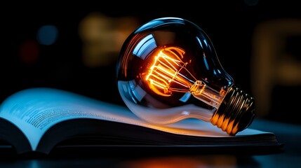 Poster - Glowing vintage edison bulb on open book against dark background, warm orange filament light creating atmospheric mood for creativity and innovation concepts.