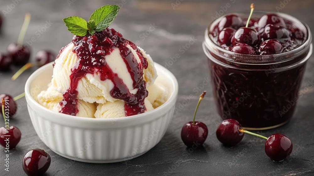 Rich cherry sauce drizzled over creamy vanilla ice cream with fresh ...