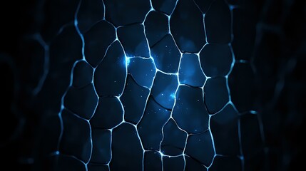 Aufkleber - Glowing blue hexagonal mesh network pattern on dark background creates futuristic technological abstract with depth and luminous nodes for tech concepts.