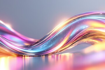 Poster - Flowing abstract wave with luminous multicolored light effects in pink, blue and golden hues creating dynamic motion against soft gray background with reflections.