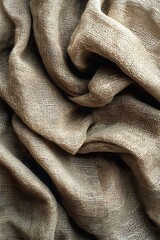 Poster - Natural linen fabric with soft folds and wrinkles creating abstract wavy pattern. Textured burlap material in neutral beige tones showing detailed weave structure.