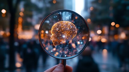 Poster - Magnifying glass reveals glowing human head silhouette with neural connections against blurred city bokeh background, concept of psychology and mind exploration.