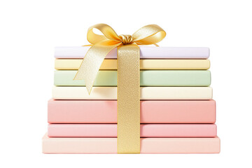 Poster - Pastel-colored books stacked neatly and tied with a gold ribbon on a white background, symbolizing knowledge, education, and gift-giving. Ai generative