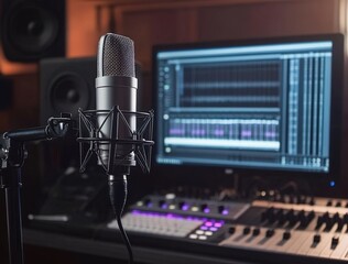Photo of an audio studio with a microphone and computer, with the focus on the screen showing professional software for music production