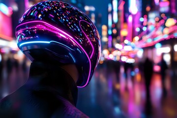 Poster - Futuristic motorcycle helmet with glowing pink neon stripes against blurred city nightlife background, reflecting vibrant urban lights and cyberpunk atmosphere.