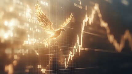 Poster - Glowing golden eagle soars across financial market chart with rising candlestick pattern, symbolizing successful trading and market growth on dark background.