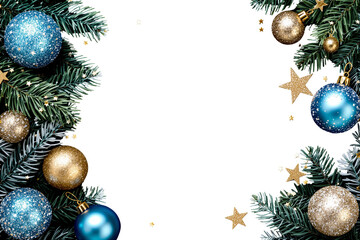 Poster - Festive Christmas frame made of pine branches, blue and gold ornaments, and glittering stars on a white background. Holiday decoration concept. Ai generative