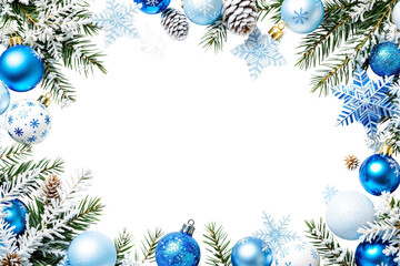 Poster - Christmas frame with blue baubles, pine branches, snowflakes, and pinecones on a white background. Festive holiday decoration concept. Ai generative