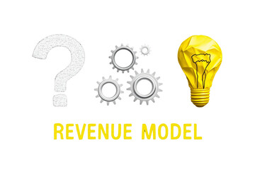 Poster - Question mark, metallic gears, and crumpled yellow paper lightbulb on a white background. Concept of revenue model and business innovation. Ai generative