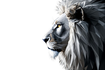 Poster - Abstract polygonal lion head in profile view, composed of geometric shapes, on a white background. Concept of strength and leadership. Ai generative