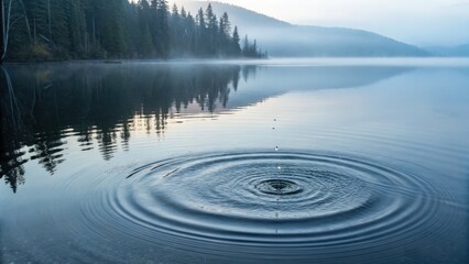 Poster - Gentle water ripple disruption serene lake nature photography misty landscape close-up view tranquility concept for seo impact