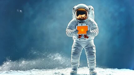 Poster - Astronaut stands on lunar surface holding bright orange square in 4k AI-generated footage