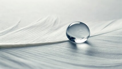 Poster - Action of a perfectly round transparent water droplet on a soft feather nature close-up photography minimalistic environment calm viewpoint beauty concept