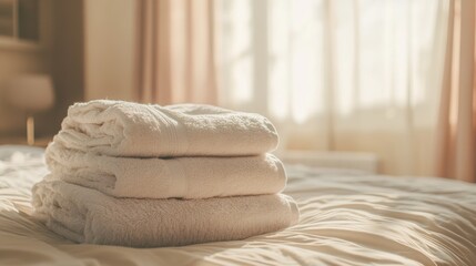 Fototapete - Neatly folded towels and bed linens create a warm and inviting atmosphere in a cozy bedroom with soft natural light Generative AI