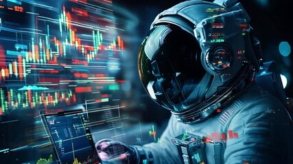 Poster - Astronaut analyzes market data with advanced technology in a futuristic setting