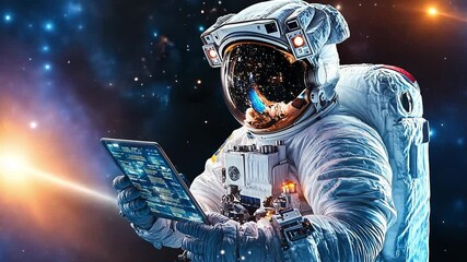 Poster - Astronaut in space using a tablet to explore the cosmos and connect with technology