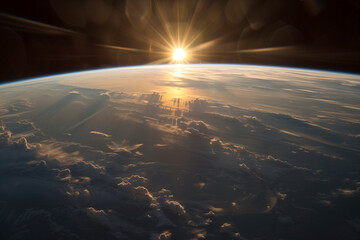 Wall Mural - sunrise view of planet Earth from space with sun