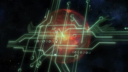 Poster - Animation of digital circuit lines and data processing over red planet in space