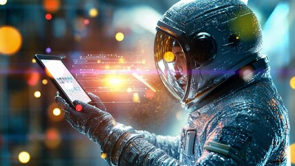 Poster - Exploring technology in space with an astronaut using a tablet in a futuristic environment