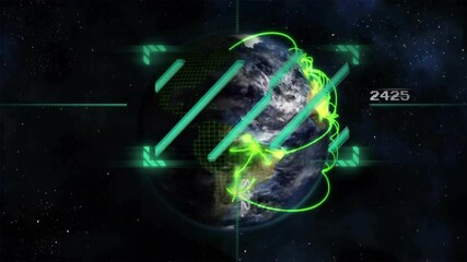 Poster - Earth with glowing green lines and digital elements in space animation