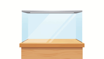 Poster - Modern glass display case on wooden surface, minimalist design