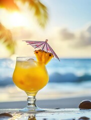 Aufkleber - Refreshing tropical cocktail garnished with pineapple slices and an umbrella at sunset beach Generative AI