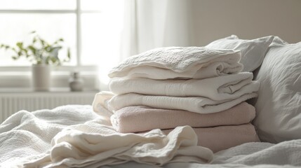 Fototapete - Freshly washed towels and linens neatly stacked on a cozy bed in a warm, inviting bedroom with soft light filtering through a window Generative AI