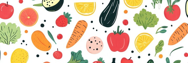 Poster - Bright and colorful seamless pattern of fresh vegetables and fruits in modern flat style